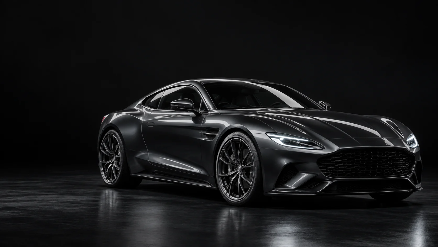 A graphite performance coupe under precision studio lighting